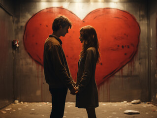 Loving couple in front of a wall with a big red heart.Saint Valentine's day celebration - 693430566