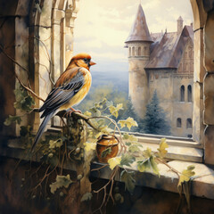 Watercolor artwork of a goldfinch perched on the window ledge of a medieval castle tower, overlooking a picturesque landscape below. Generated AI