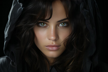 Portrait of a beautiful young brunette woman with green eyes - obrazy, fototapety, plakaty