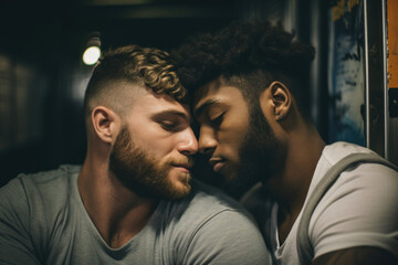 The two gay men, conveying the fear and vulnerability of expressing their love openly in public - obrazy, fototapety, plakaty