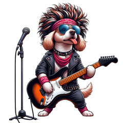 Cartoon dog dressed as a rockstar with a guitar, sunglasses, and a bandana, performing at a microphone. - obrazy, fototapety, plakaty