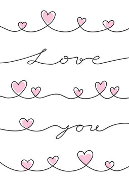 valentines day card with heart and love you text, one line art vector illustration, minimalistic linear design 