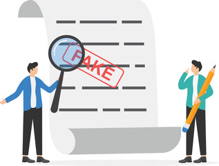Smart entrepreneur inspectors verify fake documents. Fake documents, wrong information verification or fake news inspection, fraud and illegal reports.

 - obrazy, fototapety, plakaty