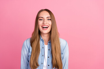Photo portrait of lovely young lady cheerful laughing have fun dressed stylish denim garment isolated on pink color background
