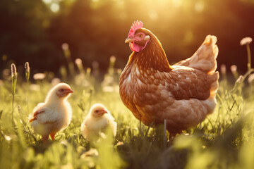 chickens and hen on the green grass in the sunset light - Powered by Adobe