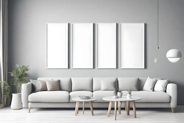 Blank horizontal poster frame mock up in scandinavian style living room interior, modern living room interior background, 