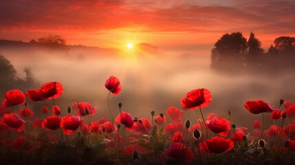gentle sunrise over vibrant red poppy field in misty morning