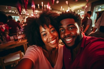 A young happy loving black couple celebrates Valentine's Day at a holiday party. - obrazy, fototapety, plakaty