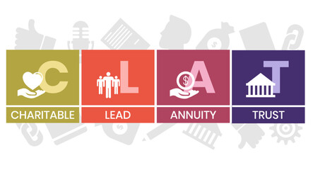 Naklejka premium CLAT, Charitable Lead Annuity Trust acronym. Concept with keywords and icons. Flat vector illustration. Isolated on white background.