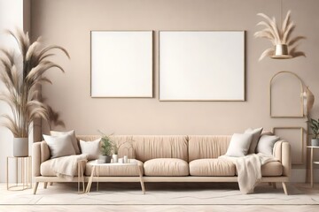Blank horizontal poster frame mock up in scandinavian style living room interior, modern living room interior background, 