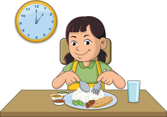 Cute smiling girl having rice, vegetables in lunch vector illustration