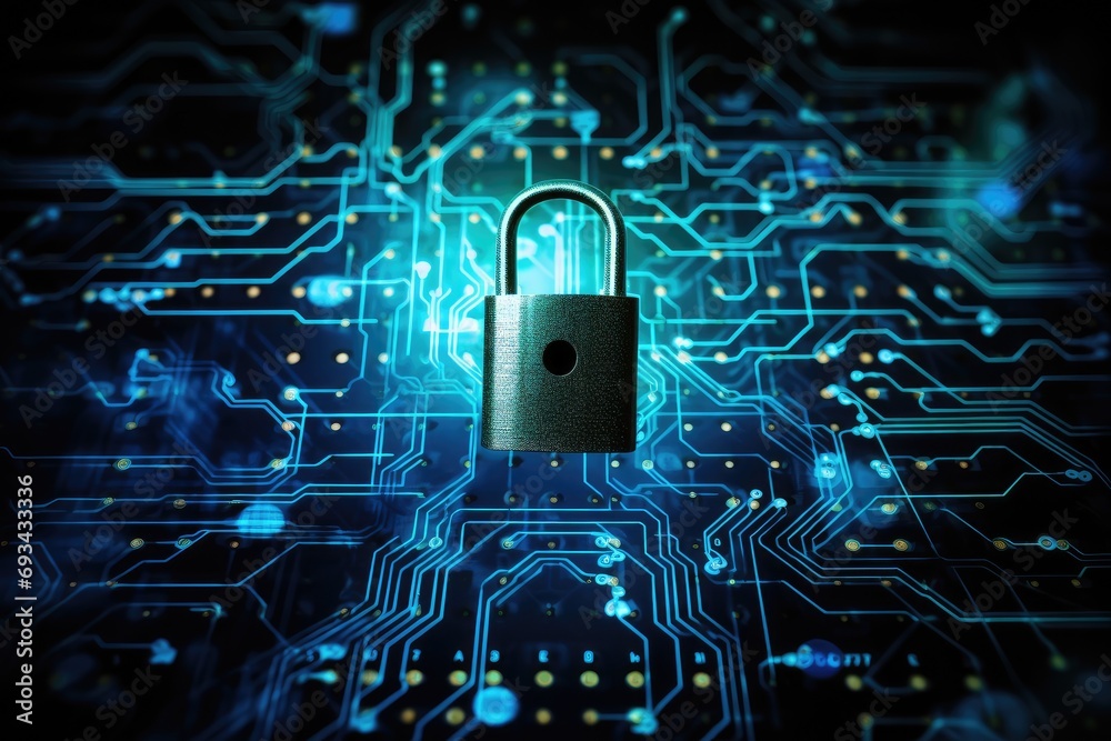 Poster Cyber security concept. Padlock on circuit board background