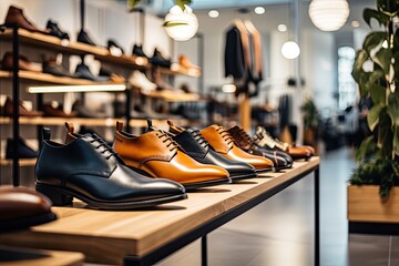 A fashionable shoe store offering a modern and stylish collection of luxury shoes in a variety of colors. - obrazy, fototapety, plakaty