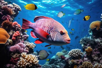 Naklejka na ściany i meble Sea fish and coral reef