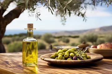 Gordijnen Old wooden product display table with natural green olive field and olive oil © Lubos Chlubny