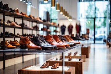 Stylish shoes are displayed in a fashionable retail store, offering shoppers a wide selection to explore. - obrazy, fototapety, plakaty