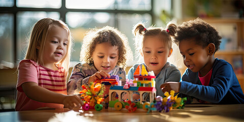 Boys and girls play and learn together by building with colorful bricks in an educational and...