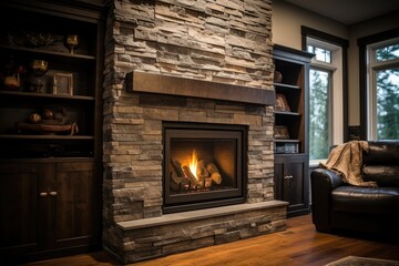 A large stone fireplace with blazing flames