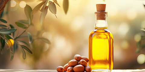 A bottle of golden, organic olive or argan oil on a wooden table, representing Mediterranean culinary goodness.