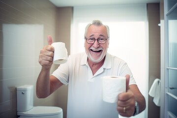 Happy elderly man at home in the bathroom with toilet paper rolls. - obrazy, fototapety, plakaty