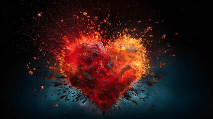 Explodierendes rotes Herz in Farbpartikeln - obrazy, fototapety, plakaty