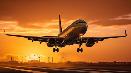 Landing a plane against a golden sky at sunset. Passenger aircraft flying up in sunset light. The...