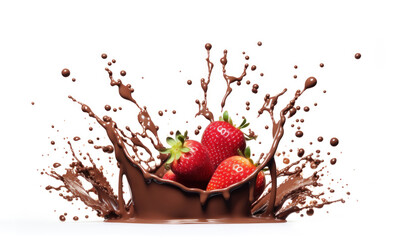 Ripe strawberries fall into chocolate with drop splashes, on white isolated background