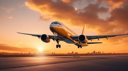 Fototapeta na wymiar Landing a plane against a golden sky at sunset. Passenger aircraft flying up in sunset light. The concept of fast travel, recreation and business