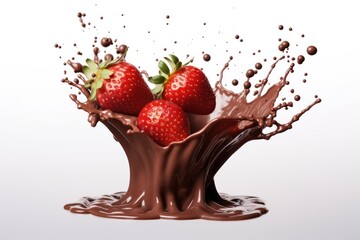 Ripe strawberries fall into chocolate with drop splashes, on white isolated background - obrazy, fototapety, plakaty