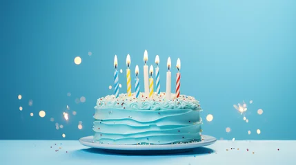 Fotobehang Yummy birthday cake with candles on light blue background © Rover