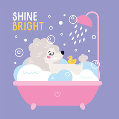 Fototapeta premium Dog pet grooming. Caring about dog Poodle. Pet washing in bath with watering can for shower. Flat vector illustration