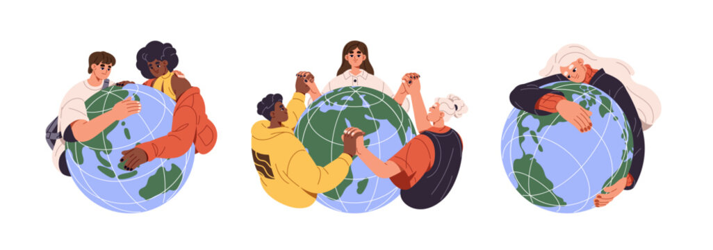 Young people love, hug planet set. Kids hold on hands, save, protect earth together. Girls and boys care about green globe. World ecology, environment. Flat isolated vector illustration on white