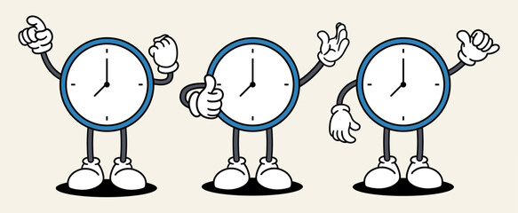 Clock set mascot of 70s groovy. Collection of cartoon,retro, groovy characters. Vector illustration.
