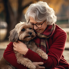 Naklejka na ściany i meble Senior woman hugging a dog on a park.