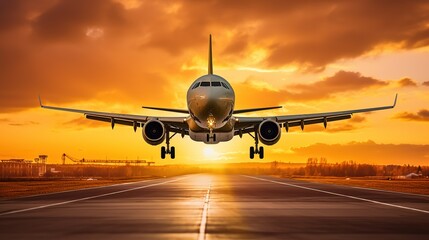 Landing a plane against a golden sky at sunset. Passenger aircraft flying up in sunset light. The concept of fast travel, recreation and business