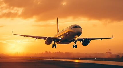 Fototapeta na wymiar Landing a plane against a golden sky at sunset. Passenger aircraft flying up in sunset light. The concept of fast travel, recreation and business