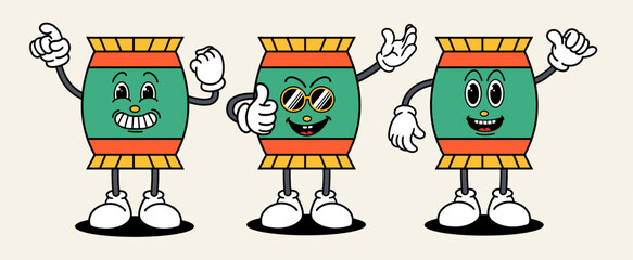 Snack set mascot of 70s groovy. Collection of cartoon,retro, groovy characters. Vector illustration.