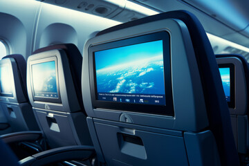 Airplane seats with LCD screens in the cabin. - obrazy, fototapety, plakaty