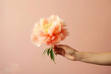 Hand holding beautiful peony peach color flower copy space