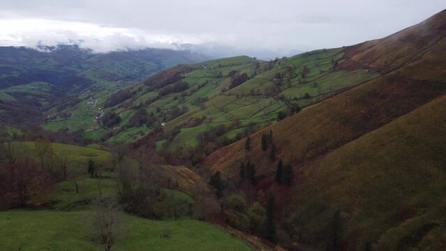 Aerial view of Pasiegos valleys of Cantabria. Selaya zone.