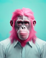 Monkey with pink hair wearing a pastel colored suit. Generative Ai