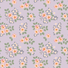 Seamless vector pattern with bouquets of bright flowers in vintage style on light purple. Pale pink roses, yellow flowers and green leaves.