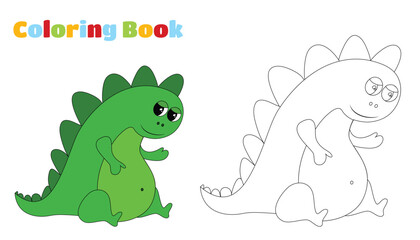 Coloring page. Cute  green  cartoon dinosaur.