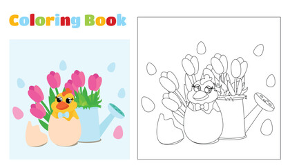 Coloring Page. On a green meadow there is a charming chicken and a watering can and flowers tulips and daffodils. Vertical banner for spring holiday.