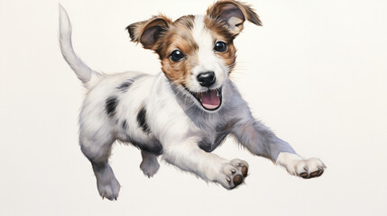 A cheerful Jack Russell Terrier pup leaping on a white background