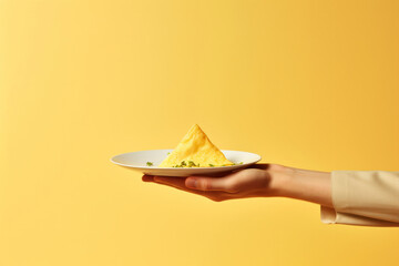 Female hand holding a plate with tasty scrambled eggs isolated on colorful yellow background. Copy space
 - obrazy, fototapety, plakaty