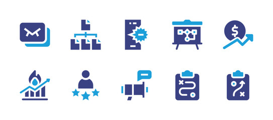 Marketing icon set. Duotone color. Vector illustration. Containing growth, strategy, mobile marketing, marketing, email, content, trendy, customer satisfaction.