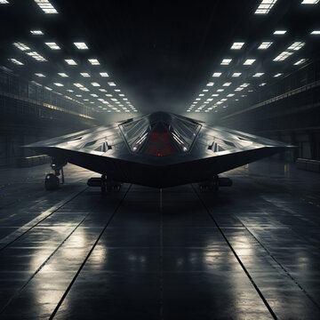 Stealth Bomber Jet Aircraft in a Dark Hanger