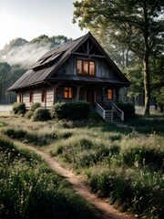 Fototapeta na wymiar Vintage Grey Wooden Organic House with Flowery Thickets in The Misty Forest