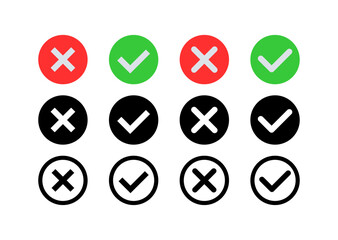 Checkmark and cross icons set. Different styles, checkmarks and crosses icons, red cross, green checkmark. Vector icons